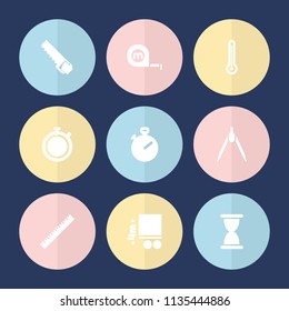 Set of 9 measure filled icons such as ruler, stopwatch, compass, thermometer, hourglass, saw, tape