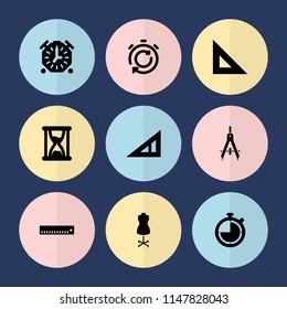 Set of 9 measure filled icons such as triangle ruler, ruler, hourglass, stopwatch, compass