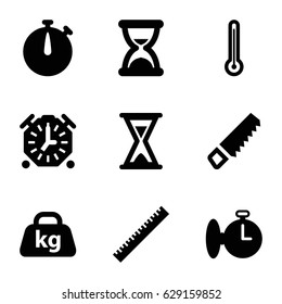 set of 9 measure filled icons such as ruler, saw, weight, hourglass, thermometer