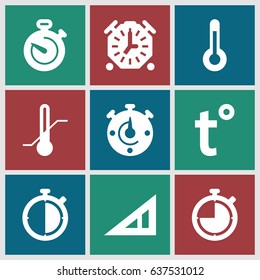 set of 9 measurement filled icons such as triangle ruler, thermometer, stopwatch