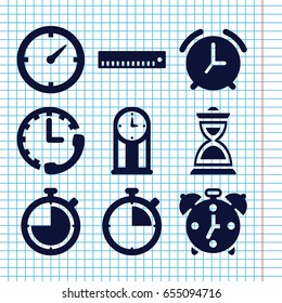 Set of 9 measurement filled icons such as hourglass, clock, pendulum, alarm, stopwatch