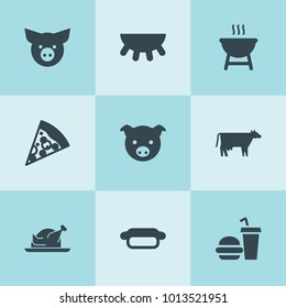 Set of 9 meat filled icons such as cow, pig, udder, pizza, chicken, hot dog, bbq