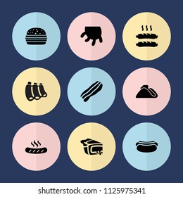 Set of 9 meat filled icons such as pie, sausage, bacon, udder, taco