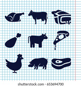 Set of 9 meat filled icons such as cow, chicken, pig, pizza, pie, meat leg