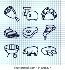 Set of 9 meat outline icons such as pig, pizza, taco, sandwich and apple, beef, bbq, meat