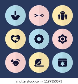 Set of 9 mechanical filled icons such as gear, wrench, circular saw, saw blade, robot
