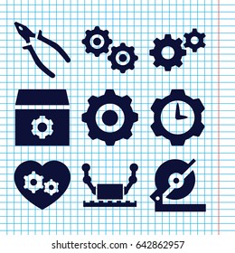 Set of 9 mechanical filled icons such as gear, circular saw, pliers, gear heart