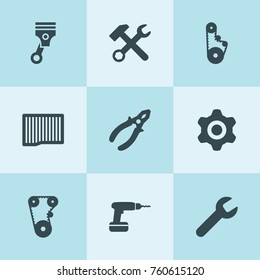 Set of 9 mechanical filled icons such as wrench, air filter, gear, wrench hammer, timing belt, piston, pliers