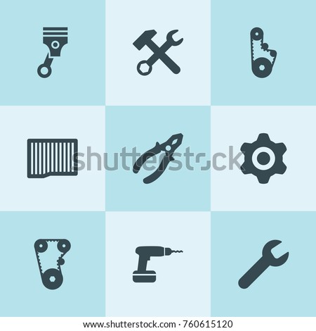 Set of 9 mechanical filled icons such as wrench, air filter, gear, wrench hammer, timing belt, piston, pliers