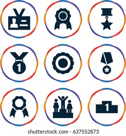 set of 9 medal filled icons such as badge, ribbon, award