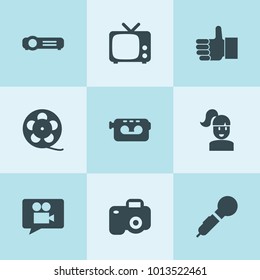 Set of 9 media filled icons such as thumbs up, microphone, film reel, video camera, tv, projector, video, girl