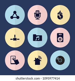 Set of 9 media filled icons such as microphone, music folder, cd fire, network connection, touchscreen, speaker, home connection