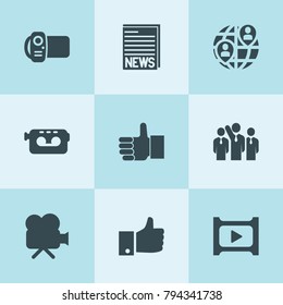 Set of 9 media filled icons such as businessman group, thumbs up, play movie, movie camera, video camera, like, news