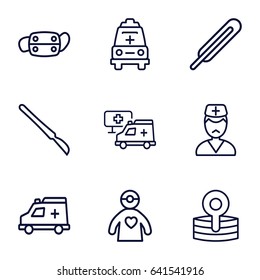 Set of 9 medic outline icons such as thermometer, scalpel, doctor, ambulance, hospital, medical reflector, doctor with medical reflector