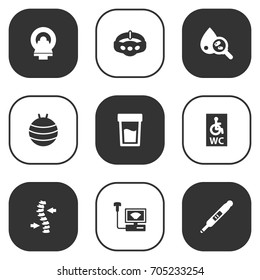 Set Of 9 Medicine Icons Set.Collection Of Sonogram, Slimming, Wheelchair Toilet And Other Elements.