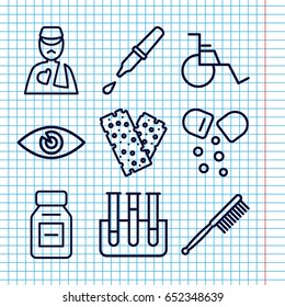 Set of 9 medicine outline icons such as toothbrush, eye, bandage, test tube, man with broken arm, pipette, medicine, pill
