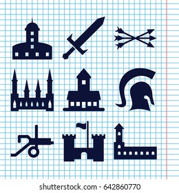 Set of 9 medieval filled icons such as castle, knight, sword, arrow bow