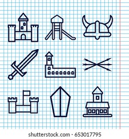 Set of 9 medieval outline icons such as castle, sword, arrow bow