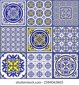 Set of 9 mediterranean ceramic tile patterns in blue and yellow colors. Portuguese tiles azulejo. Traditional Portuguese and Spain decor. Ceramic talavera tile. Moroccan mosaic. For wallpaper, print