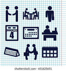Set of 9 meeting filled icons such as table, meeting, businessman shaking hands, calendar, 4th date calendar, shaking hands