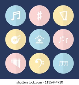 Set of 9 melody filled icons such as music note, harp, musical sharp, note, disc and music note, gong, bass clef