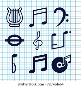 Set of 9 melody filled and outline icons such as bass clef, music note, disc and music note, treble clef