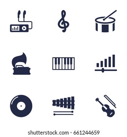 Set Of 9 Melody Icons Set.Collection Of Octave Keyboard, Tambourine, Retro Disc And Other Elements.