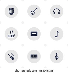 Set Of 9 Melody Icons Set.Collection Of Earphones, Tone Symbol, Fiddle And Other Elements.