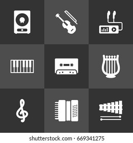 Set Of 9 Melody Icons Set.Collection Of Percussion, Fiddle, Audio Device And Other Elements.