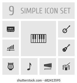 Set Of 9 Melody Icons Set.Collection Of Tape, Acoustic, Percussion And Other Elements.