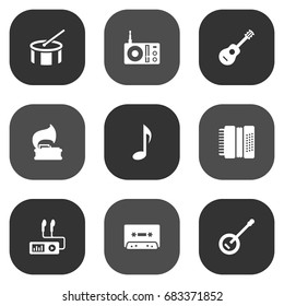 Set Of 9 Melody Icons Set.Collection Of Radio, Audio Device, Harmonica And Other Elements.