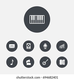 Set Of 9 Melody Icons Set.Collection Of Octave Keyboard, Amplifier, Knob And Other Elements.