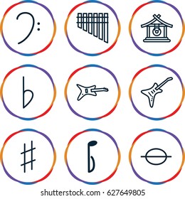 set of 9 melody outline icons such as gong, bass clef, music note, harmonica, guitar, musical sharp