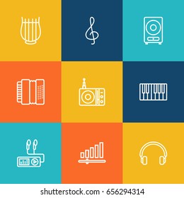 Set Of 9 Melody Outline Icons Set.Collection Of Harmonica, Audio Level, Stringed And Other Elements.