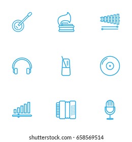 Set Of 9 Melody Outline Icons Set.Collection Of Pace, Guitar, Gramophone And Other Elements.
