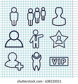 Set of 9 member outline icons such as vip, businessman, add friend, favourite user, man, user