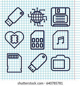 Set of 9 memory outline icons such as diskette, flash drive, memory card with music, memory card, usb drive, camera display, cpu in heart