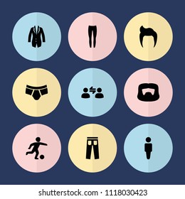 Set of 9 men filled icons such as man hairstyle, man, man underwear, underpants, football player, user communication, pants