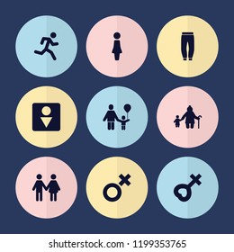 Set of 9 men filled icons such as woman, family, old woman and child, running man, underpants, father and son, male, female
