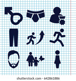 Set of 9 men filled icons such as woman, man hairstyle, man underwear, pants, male