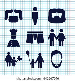 Set of 9 men filled icons such as man, man hairstyle, man underwear, chef, family, father and son