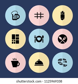 Set of 9 menu filled icons such as coffee, pizza, plate with spoon and fork, beer mug, grid, dish, burrito