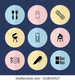 Set of 9 menu filled and outline icons such as bbq, pen, plate fork and spoon, drink, chain, fork and spoon, menu