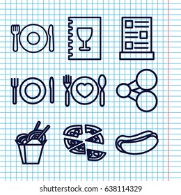 Set of 9 menu outline icons such as plate fork and spoon, hot dog, chinese fast food, pizza, plate with spoon and fork, menu