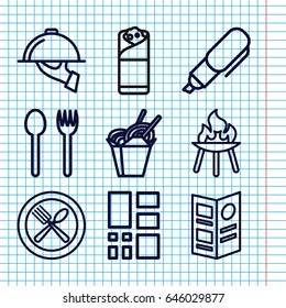 Set of 9 menu outline icons such as chinese fast food, burrito, spoon and fork, grid, menu, dish serving, bbq, pen