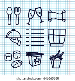 Set of 9 menu outline icons such as spoon and fork, chinese fast food, menu, drink, dish serving, sushi, manuscript