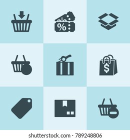 Set of 9 merchandise filled icons such as package, shopping bag, price tag, shopping basket, sale ticket