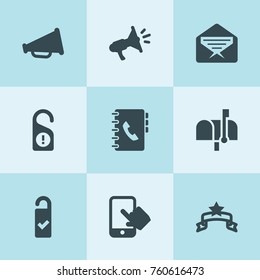 Set of 9 message filled icons such as mail, need cleaning, megaphone, banner, phone, address book, mail box, announcemenet