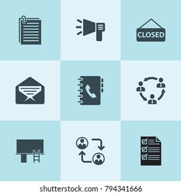 Set of 9 message filled icons such as communication, mail, paper, megaphone, address book, billboard
