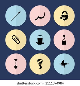 Set of 9 metal filled icons such as shovel, scythe, music equalizer, spear, hook, hook with cargo, paint bucket, heart lock